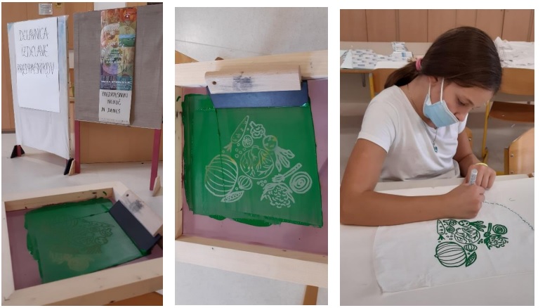 Na delavnici predpasnikov so lahko učenci sami poslikali ali porisali predpasnik, lahko pa so si natisnili izbrani motiv v tehniki sitotiska