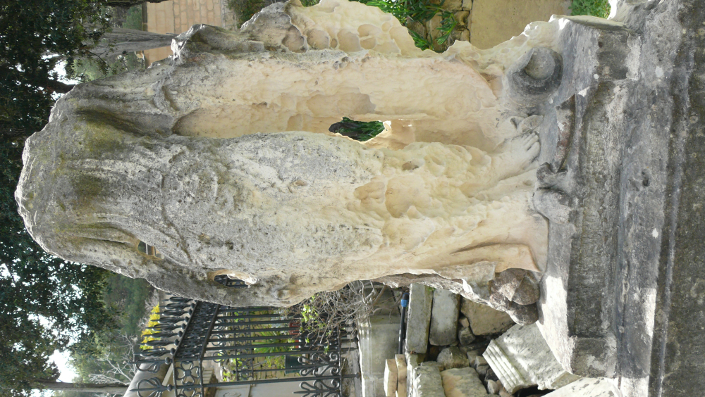 A picture taken in 2021, showing the deterioration of the statue, carved in limestone