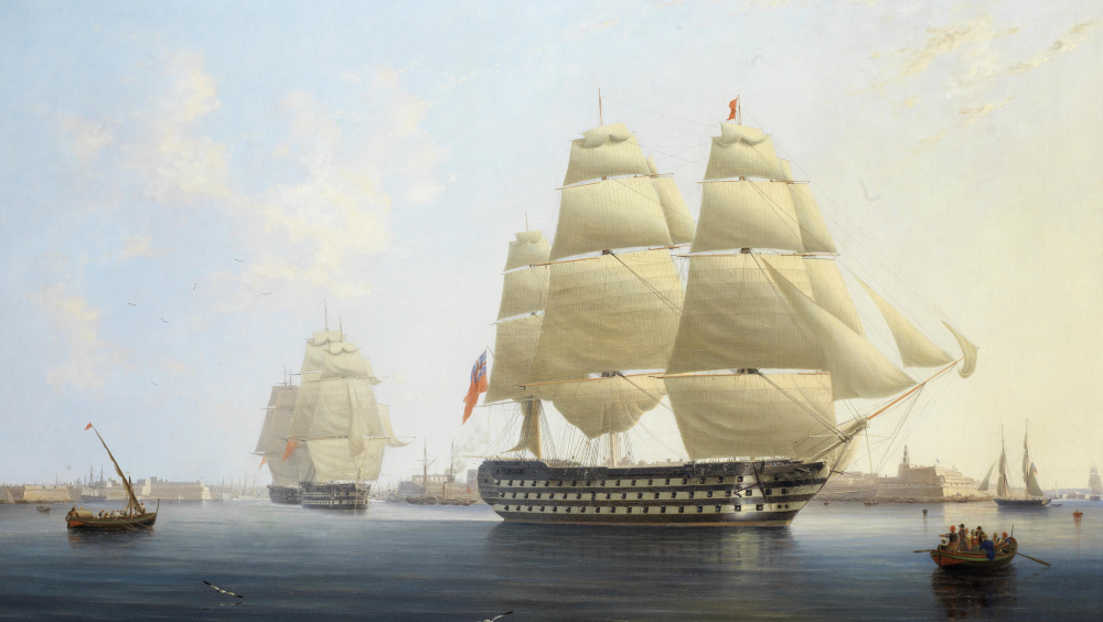 A rare watercolour of HMS Queen, a "ship of the line" with 1.000 crew and 110 guns.