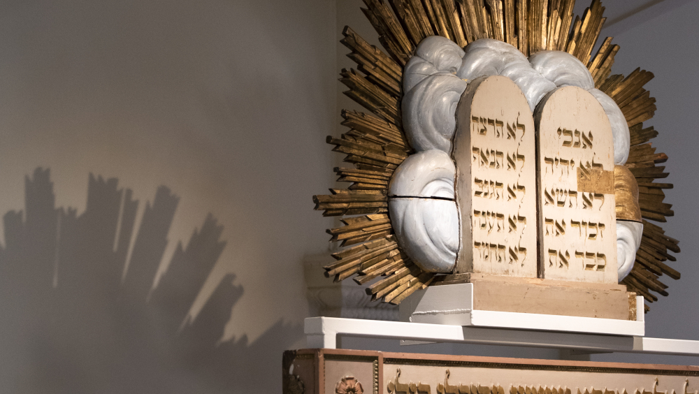 the Ten commandments on top of the preserved synagogue lectern.