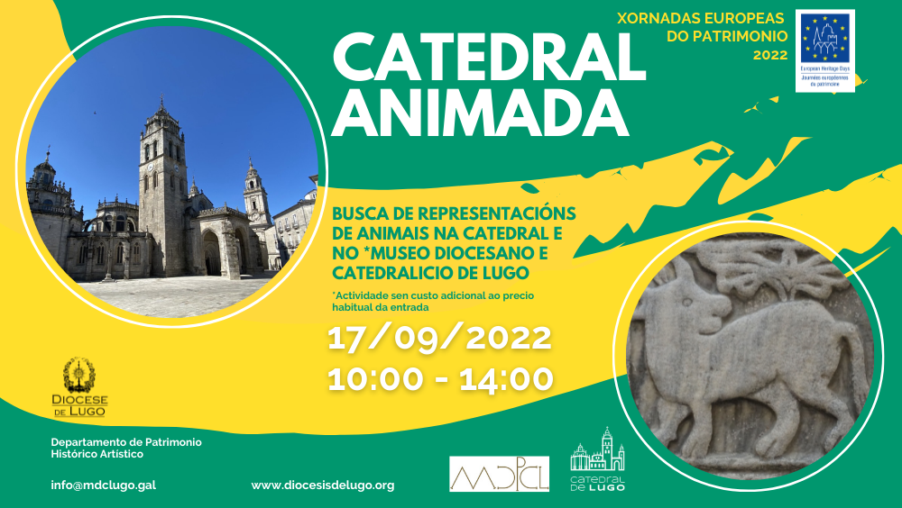 Cartel anunciador actividad de búsqueda de representaciones de animales en la Catedral de Lugo.