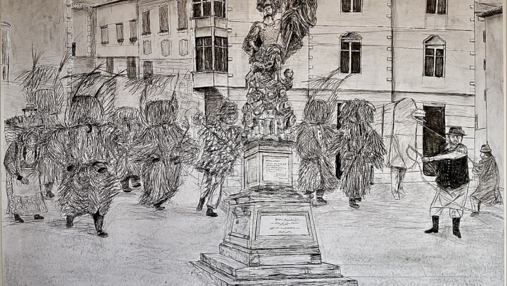 črna risba na papir, 100 x 140 cm