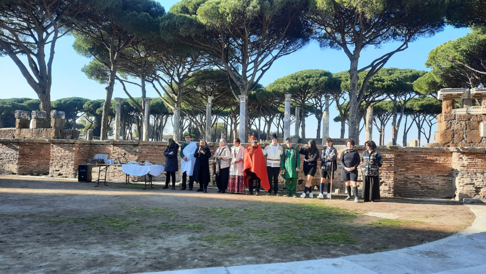 Group photo during an event in the Roman theatre of Ostia Antica