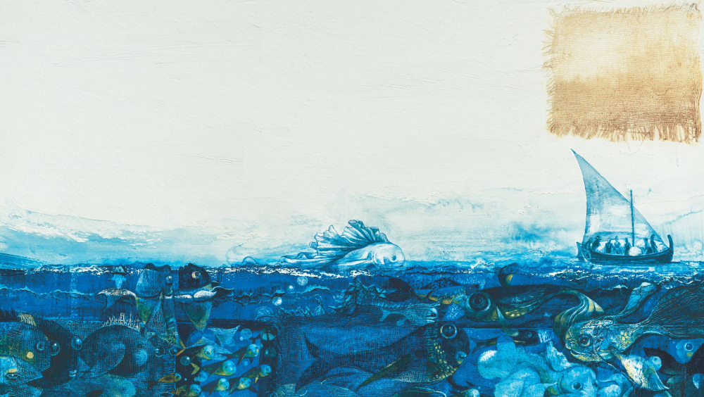 Laundresses sailing by the traditional croatian boat gajeta, illustration from the picture-book The Little White Laundresses Fishes.