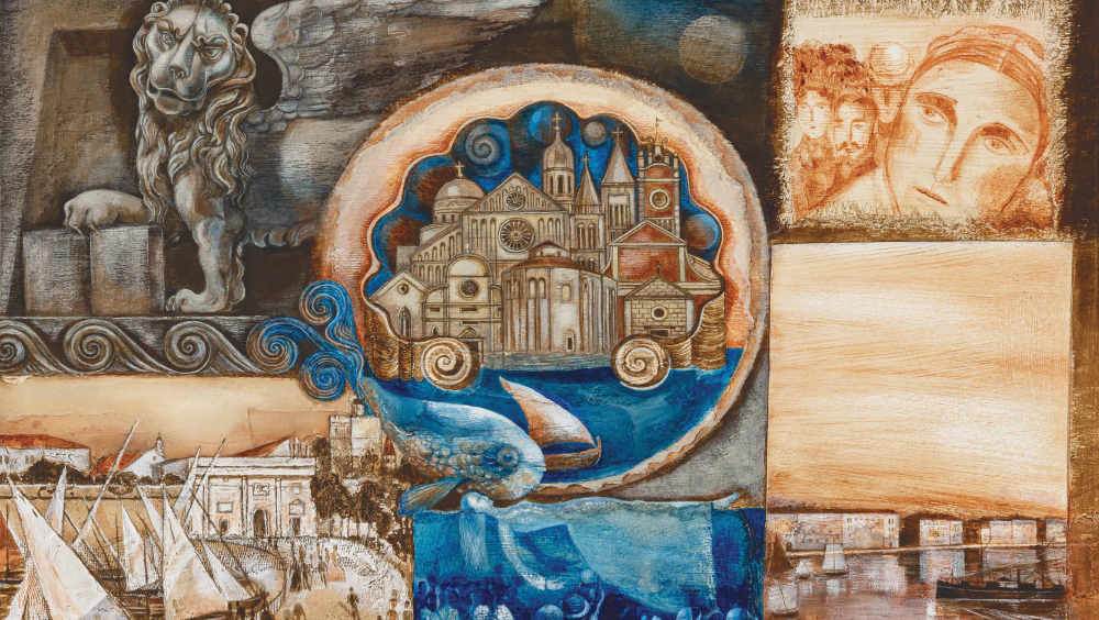 Laundresses arriving to town Zadar, illustration from the picture-book The Little White Laundresses Fishes.