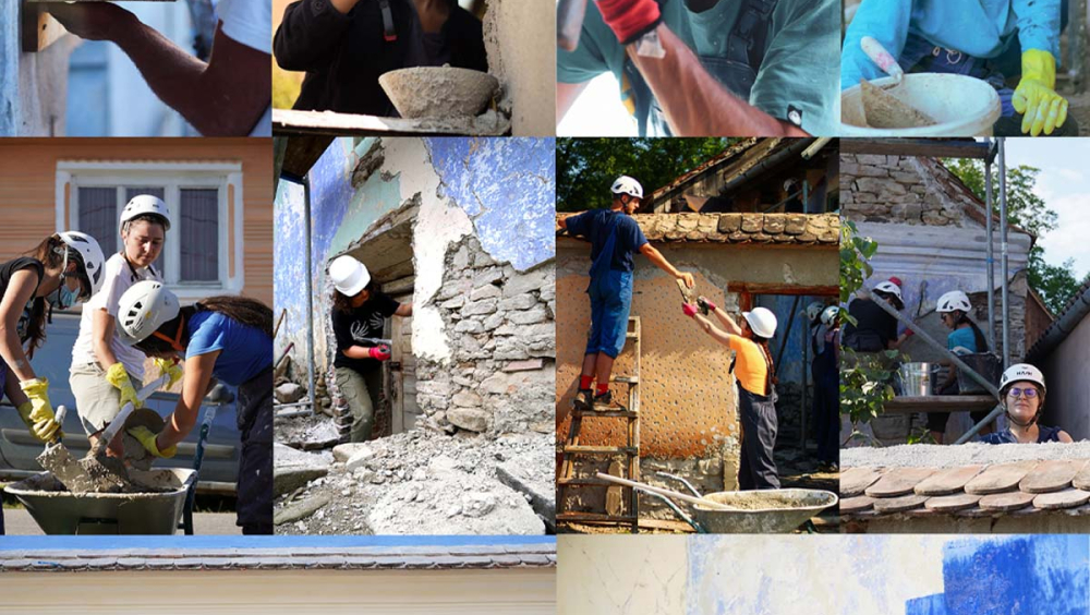 Pictures of volunteers working to restore blue houses
