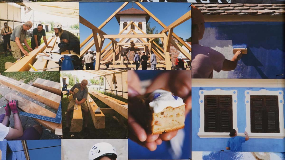 Pictures of volunteers working to restore blue houses