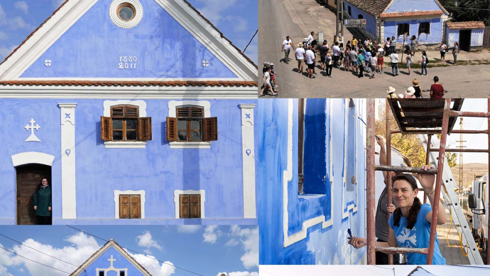 Pictures of volunteers working to restore blue houses