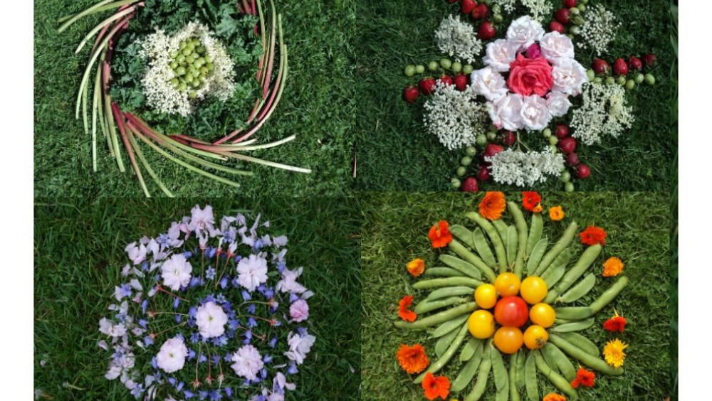 Eight small images of mandalas made out of flowers, fruit and vegetables.