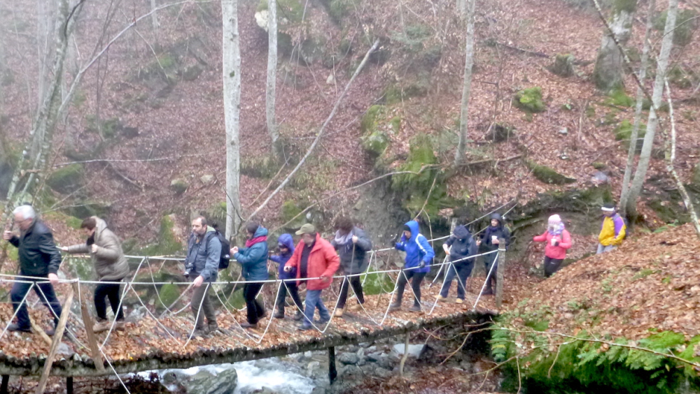 5. Locals and visitors on a guided tour organised by the Ephorate of Antiquities of Imathia in the Decauville route crossing a bridge in the forest of Mount Vermio. Photographic archive of Takis Mpaitsis