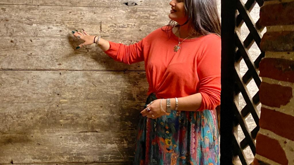 Tour guide pointing out grafitti from 1739 etched into a wall