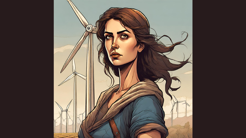 An image of Molina in front of wind turbines