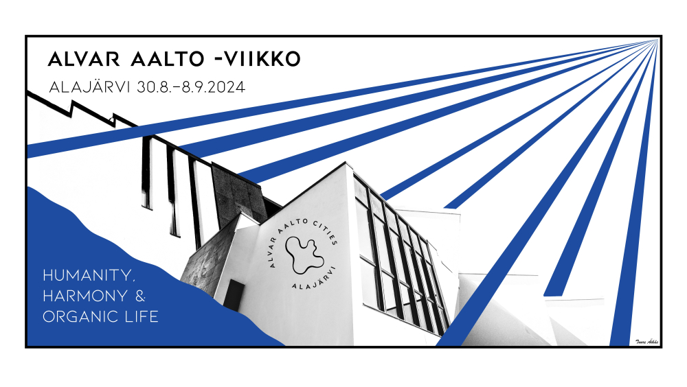 White building and blue graphic elements