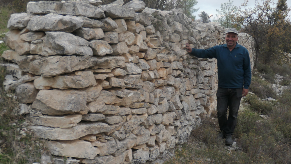 Local stone mason Argyris Panayiotou standing beside a drystone wall construction believed to be the work of Saracen slaves brought to the area in 1300 by Templar knights.