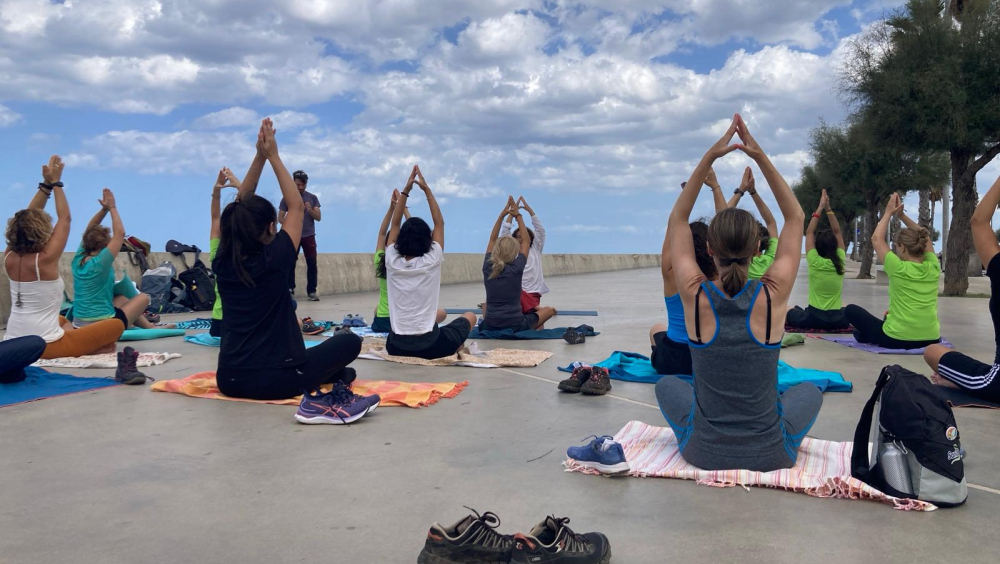 Yoga session after hiking along the Via Francigena in the province of Bari