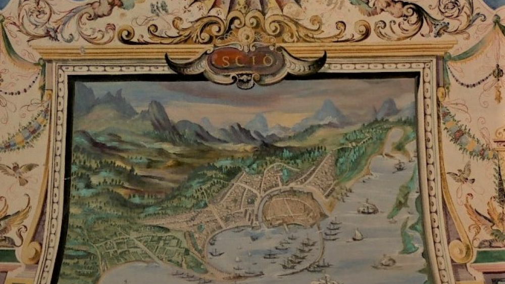 Villa Giustiniani, Sala del Parnaso: detail with a map of the island of Chios (called ‘Scio’ in ancient Italian). The large number of sailing ships alludes to the rich maritime trade run by the Giustiniani family.