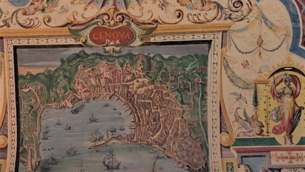 Villa Giustiniani, Sala del Parnaso: detail with map of the city of Genoa. In particular, the port crowded with sailing ships and characterised by the tall lighthouse, still the symbol of the city today, is depicted.