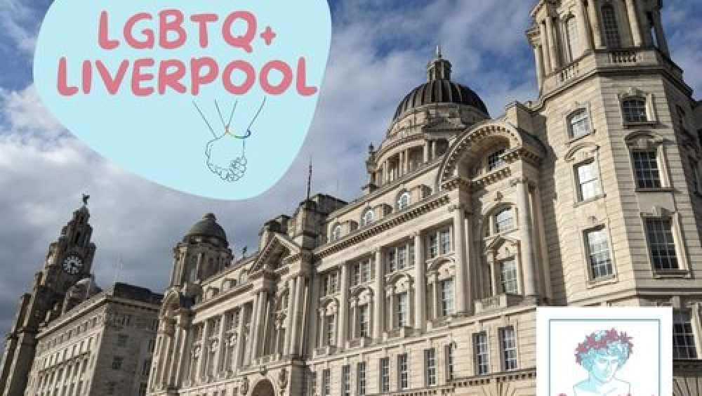 A Liverpool building with the text "LGBTQ+ Liverpool" next to it and Queer At Last's logo in the bottom right corrner.