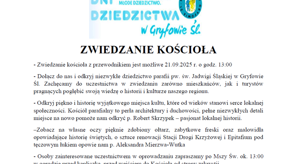 Zwiedzanie Kościoła pw. św. Jadwigi w Gryfowie Śląskim Organizatorzy