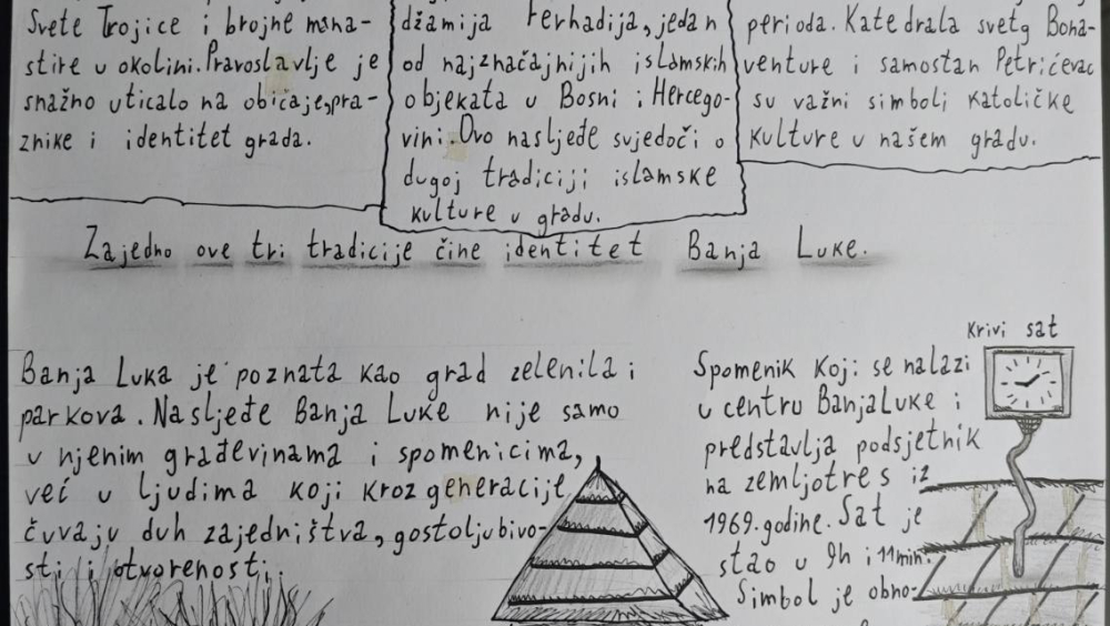 Dječiji crtež koji prikazuje vjerske objekte u Banjoj Luci, uključujući pravoslavnu crkvu, džamiju i katoličku crkvu, kao simbol različitih religija koje zajedno čine identitet grada.