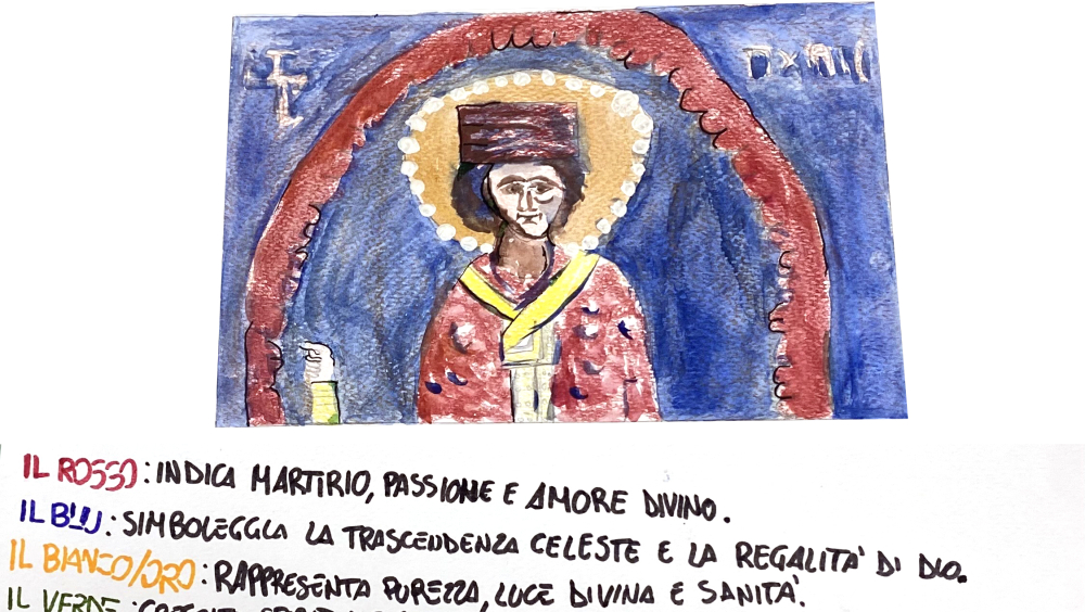  Un'esplorazione cromatica del sacro attraverso la rappresentazione di un'icona stilizzata dai colori simbolici: il rosso per martirio e amore divino, il blu per trascendenza, il bianco/oro per purezza, il verde per crescita spirituale.