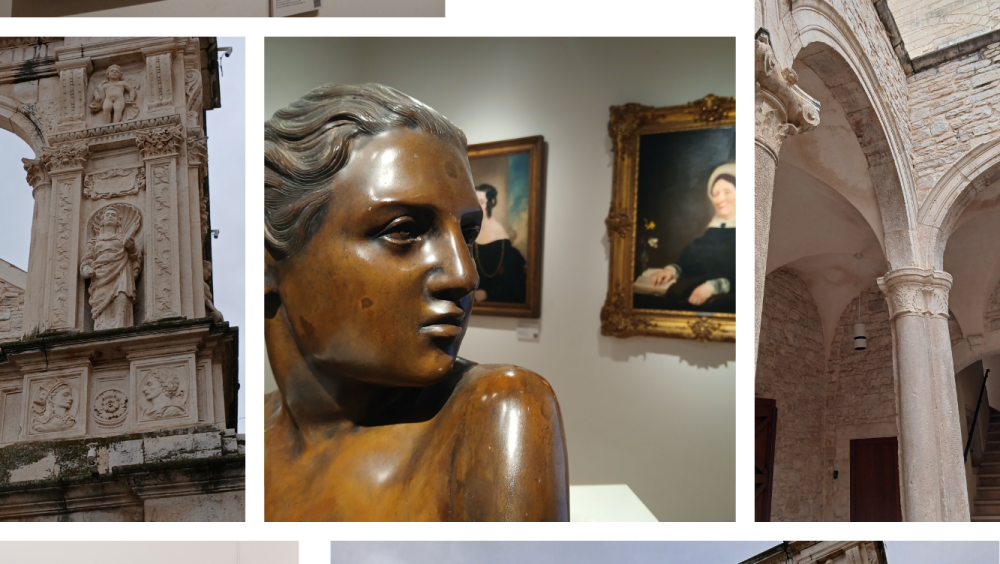 Collage di scatti fotografici (G. P. Leone), con dettagli architettonici, ambienti del Palazzo Sylos Calò con opere delle collezioni museali 