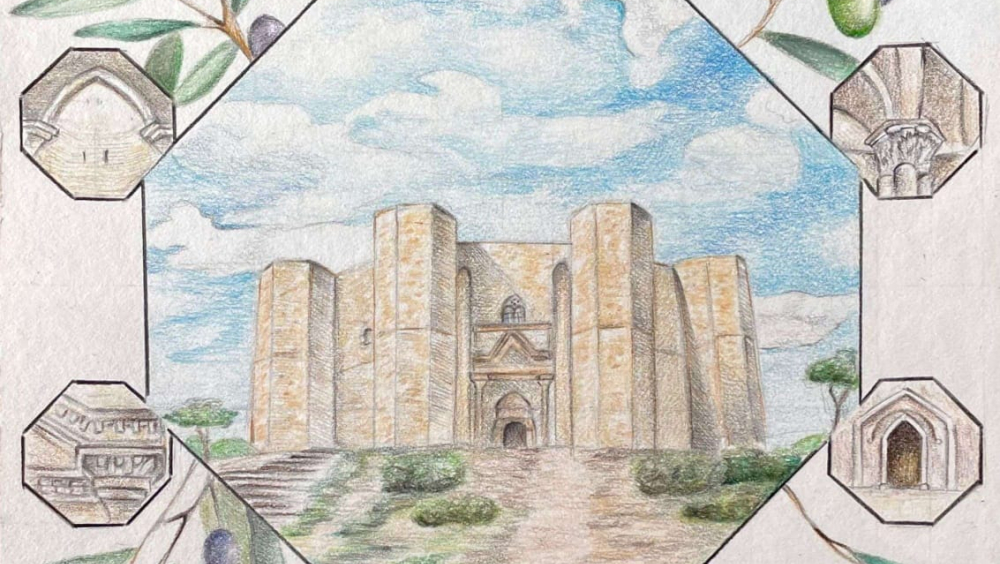 Castel del Monte in un ottagono con drttagli dello stesso castello e foglie di ulivo intorno