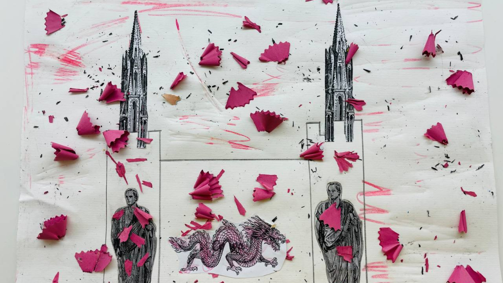 The collage shows the image of a dragon (that which alludes to the Hellenistic mosaic of the dragon of Caulonia, near the city of Reggio Calabria), between two roman sculptures and two gothic towers. All the images are covered up by pink pencil shavings.