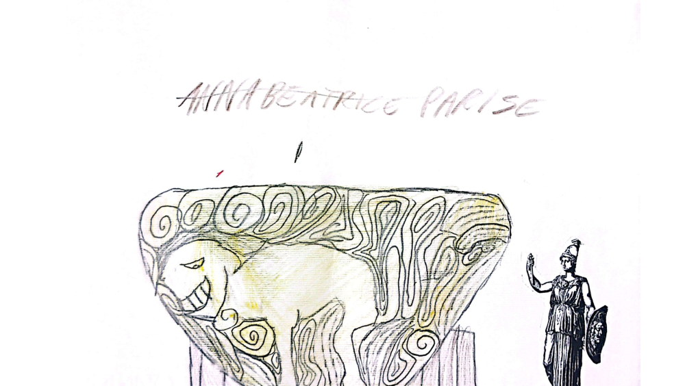 The drawing shows the image of a medieval capital with a decoratrion of a lion inside leaves and other plants. To the right of the capital is glued the black and white image of the statue of Athena.