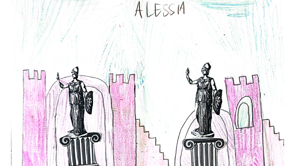 The drawing shows the Corigliano Calabro castle, with its stairs, and in front of the entrance portal stands the statue of Athena glued with glue.