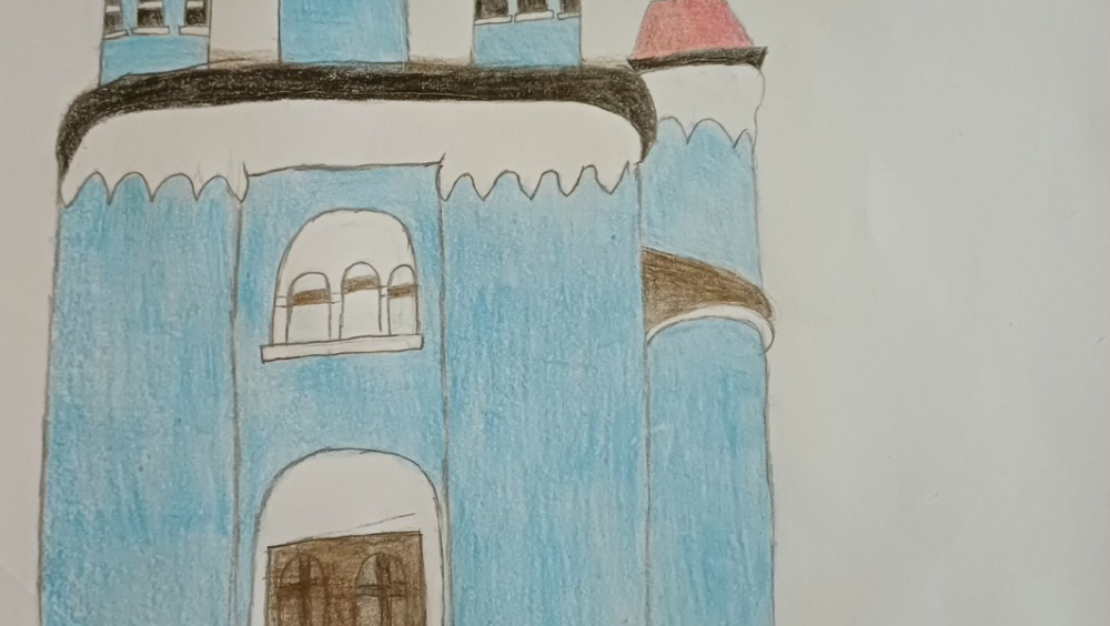 Dječiji crtež koji prikazuje ukrajinsku crkvu u Banjoj Luci, sa plavim zidovima i kupolama sa krstovima, kao simbol vjerske i kulturne raznolikosti grada.