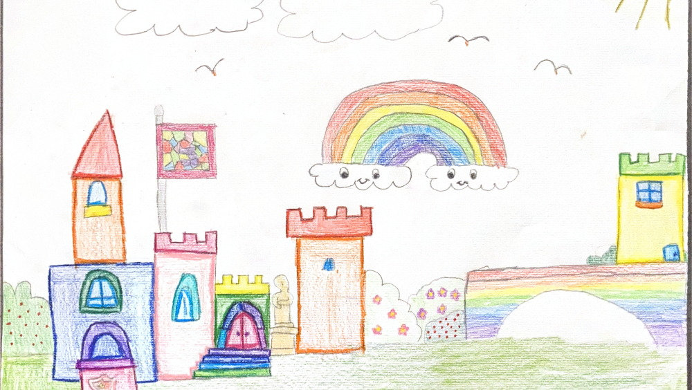 This is a drawing af a very colorfull castle with a rainbow in the background. There is also a bridge with the colors of the rainbow.