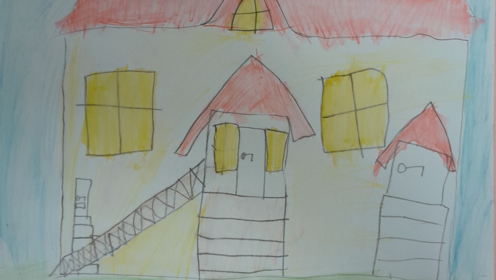 A clhild's drawing of a house with red roof and yellow windows.