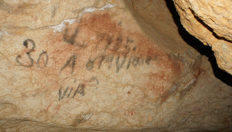 Graffiti alterando un bisonte paleolítico de la Cueva de Las Aguas (Cantabria)