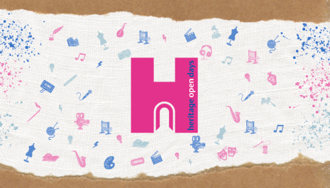 Festival H logo surrounded by music and art icons.