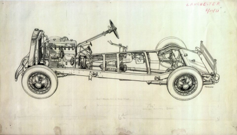 Technical drawing of an old car showing the inner workings.