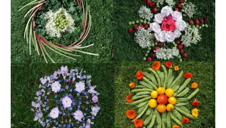 Eight small images of mandalas made out of flowers, fruit and vegetables.