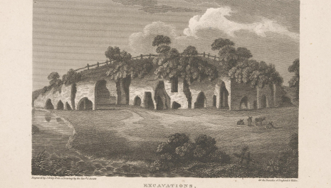 Engraved illustration of caves excavated into the side of sandstone rock in Nottingham, [1810]. 