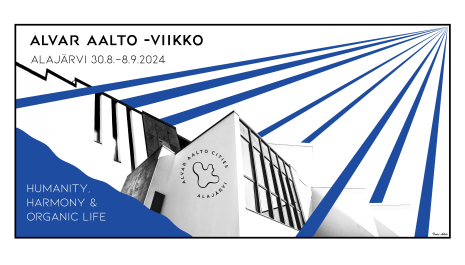 White building and blue graphic elements