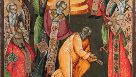 First Ecumenical Synod (council), This magnificent icon comes from the church "Life - Giving Spring" in Korça and was painted by Zografi brothers, in 1765. It depicts two episodes from the life of Emperor Constantine the Great: the First Ecumenical Synod and Vision of the Cross over the Milvian Bridge. 