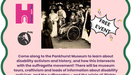 A poster for the 'Rights Not Charity' event at The Pankhurst featuring logos and an archive image of suffragettes.