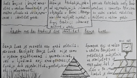 Dječiji crtež koji prikazuje vjerske objekte u Banjoj Luci, uključujući pravoslavnu crkvu, džamiju i katoličku crkvu, kao simbol različitih religija koje zajedno čine identitet grada.