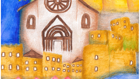 Questa composizione rappresenta il patrimonio culturale di Conversano con:  La Cattedrale romanica al centro, dipinta con toni caldi e pennellate visibili Il Castello Acquaviva d’Aragona sulla destra, reso con texture materiche Una scena di festa popolare in basso, con figure stilizzate e tende colorate Le stelle dorate dell’Unione Europea in alto a sinistra su sfondo blu Il logo UNESCO e il nome “CONVERSANO” in basso come firma culturale