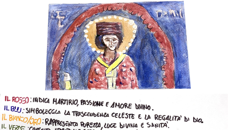  Un'esplorazione cromatica del sacro attraverso la rappresentazione di un'icona stilizzata dai colori simbolici: il rosso per martirio e amore divino, il blu per trascendenza, il bianco/oro per purezza, il verde per crescita spirituale.