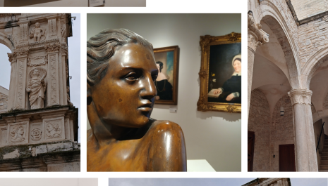 Collage di scatti fotografici (G. P. Leone), con dettagli architettonici, ambienti del Palazzo Sylos Calò con opere delle collezioni museali 