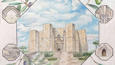 Castel del Monte in un ottagono con drttagli dello stesso castello e foglie di ulivo intorno