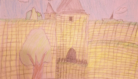 A child’s drawing of Kastel Fortress in Banja Luka, showing high stone walls, a tower, an entrance gate, and a tree in the foreground.
