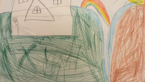 A child's drawing of a house and a rainbow.