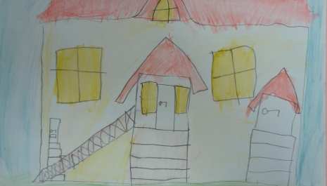 A clhild's drawing of a house with red roof and yellow windows.